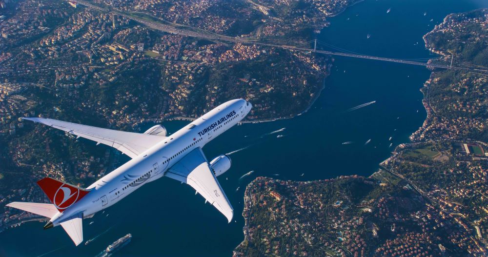 Avion de Turkish Airlines survolant le Bosphore à Istanbul – vue aérienne de la flotte en expansion.